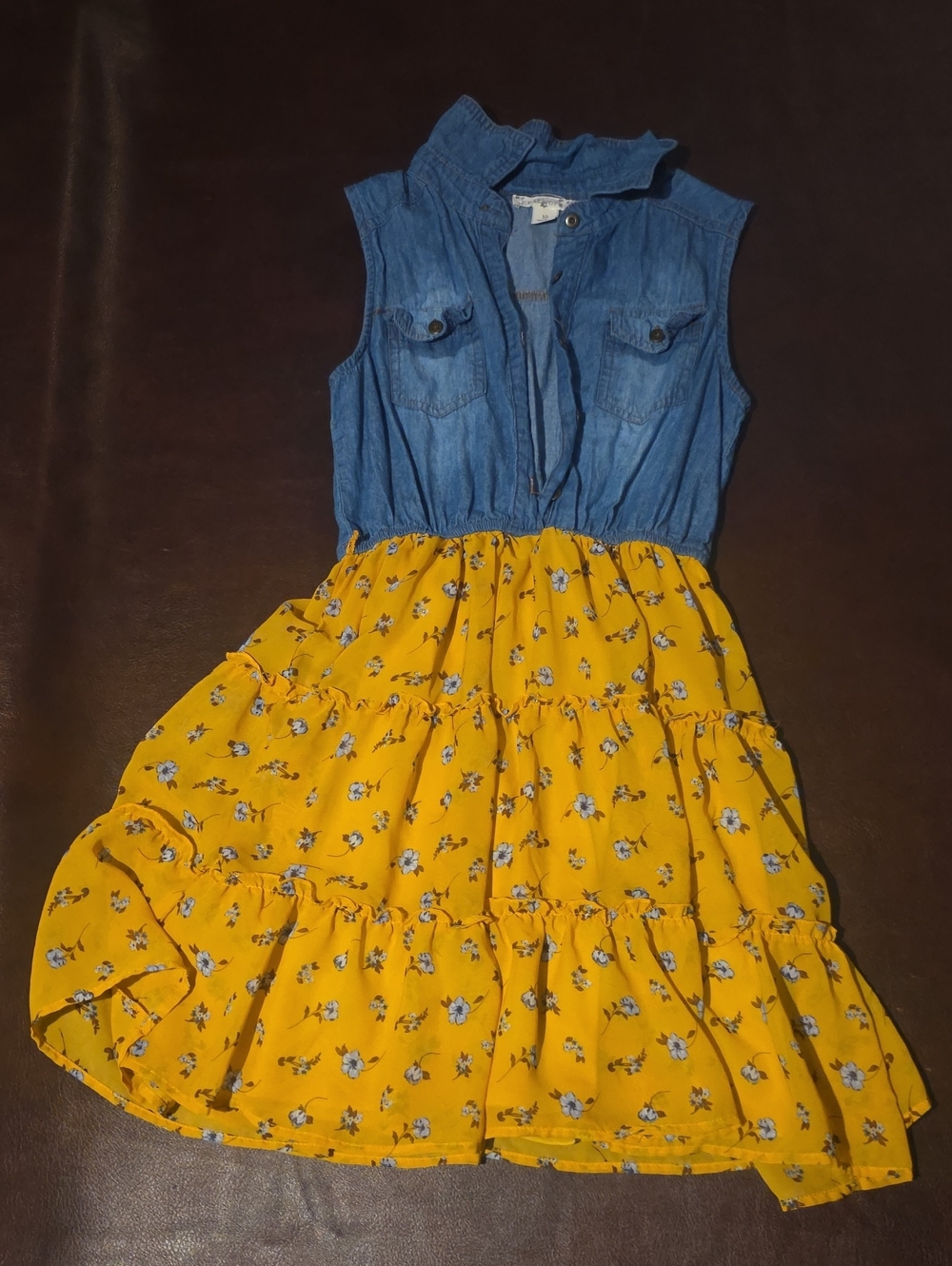 Knitworks Blue Denim-Look Bodice Yellow Floral Tiered Dress